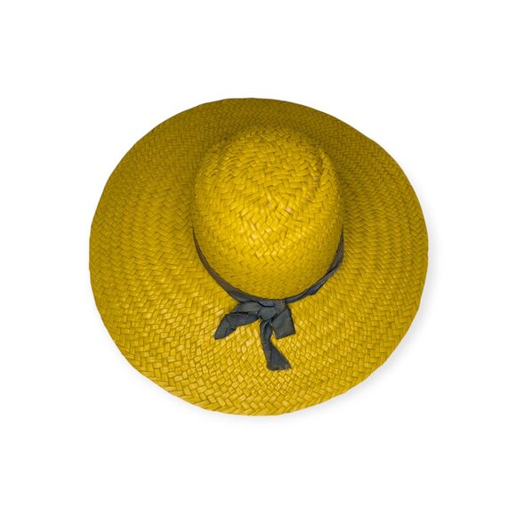 Vintage Yellow & Tan Straw Woven Wide Brim Hat w/Ribbon Accent - Picture 3 of 11